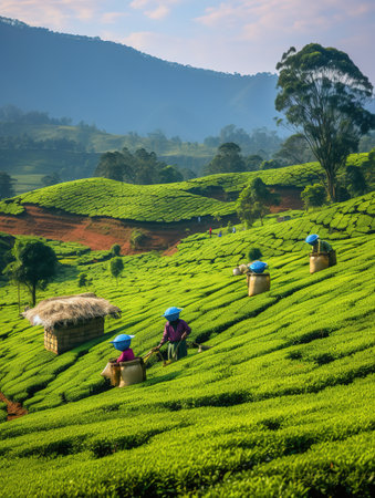 Tea Plantation at Sunrise in Munnar, Kerala, South Indiaの素材