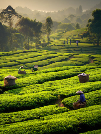 Tea Plantation at Sunrise, Chiang Rai Province, Thailand.の素材