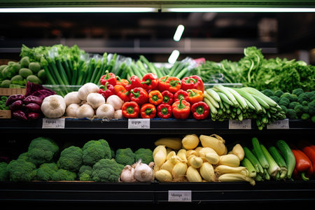 Fruits and vegetables on a shelf in a supermarket. Healthy foodの素材
