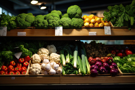 Fruits and vegetables on a shelf in a grocery store or supermarketの素材