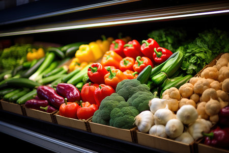 Fruits and vegetables on the shelf in the supermarket. Healthy foodの素材
