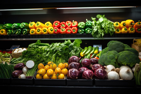 Variety of fresh vegetables on the shelf in the grocery store.の素材