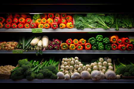 Vegetables on the shelf in the supermarket. Healthy food conceptの素材
