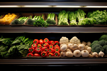 Fresh vegetables on shelves in supermarket or grocery store. Healthy food conceptの素材