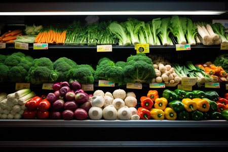 Fruits and vegetables on a shelf in a grocery store or supermarketの素材