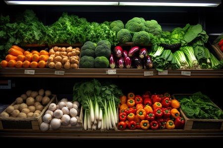 Fresh vegetables on shelves in grocery store. Healthy food shopping concept.の素材