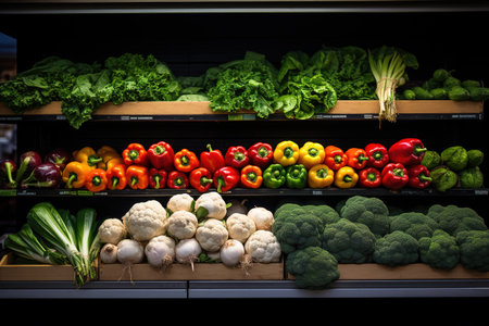 Variety of fresh vegetables on shelf in supermarket. Healthy food backgroundの素材