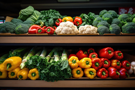 Variety of fresh vegetables on shelf in supermarket. Healthy eating conceptの素材