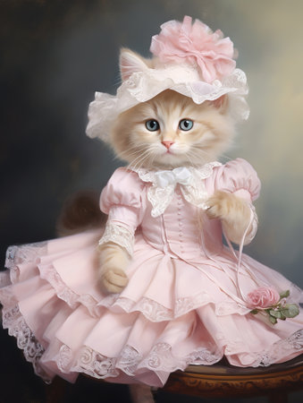 Cute little kitten in a pink dress on a dark background.の素材