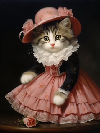 cute fluffy kitten in a pink hat and dress on a dark backgroundの素材