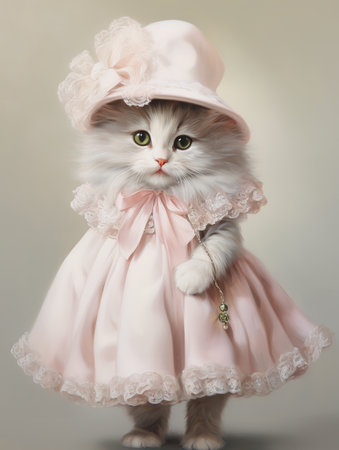 Cute cat in a pink dress and hat on a gray backgroundの素材