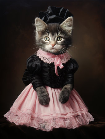 Cute kitten in a pink tutu on a dark brown backgroundの素材