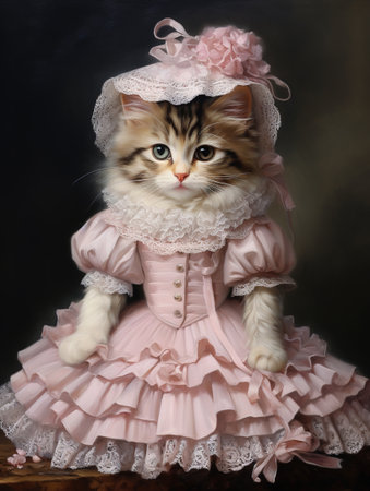 Cute little kitten in a pink dress on a dark background.の素材
