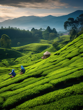 Tea Plantation at Sunset in Munnar, Kerala, South Indiaの素材