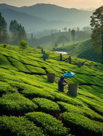 tea plantation in the morning at Munnar, Kerala, Indiaの素材