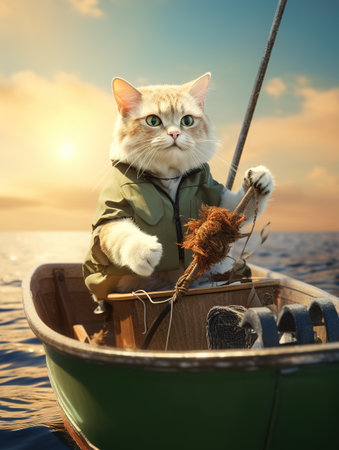 Fisherman with cat on boat at sea. Nature background.の素材