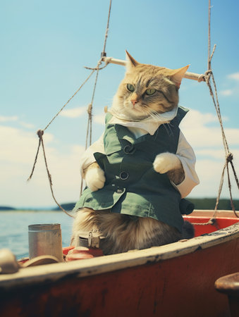 Portrait of a cat sitting on the bow of a fishing boatの素材