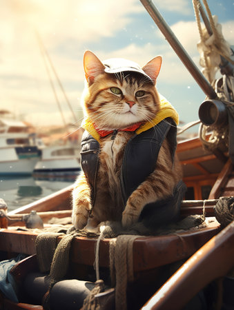 Portrait of a cat in a boat on the background of the seaの素材