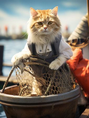Persian cat in a fishing net on the background of a boatの素材
