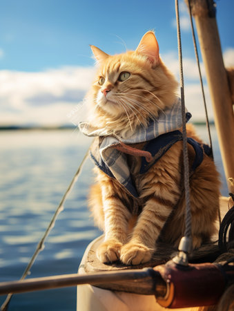 Cute ginger cat sitting on a sailboat in the sea.の素材