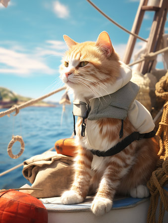 Cute ginger cat in warm clothes sitting on the deck of sailing boatの素材