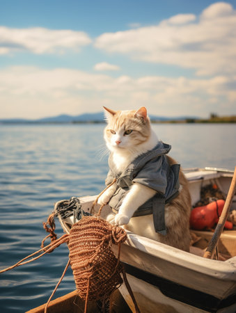 Cute cat in a boat on the lake, summer time.の素材