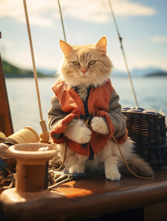 Cute cat sitting on the deck of a sailboat at sunsetの素材