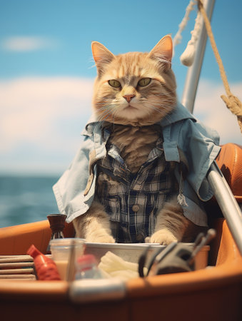 Cute cat in a boat on the sea. Toned.の素材