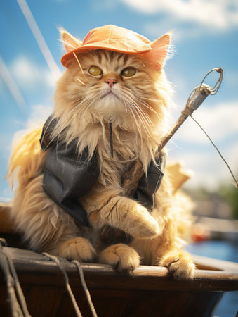 Funny cat in a cap with fishing rod sitting on a boatの素材