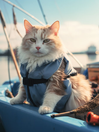 Cat in a blue jacket on a fishing boat on a sunny dayの素材