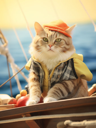 Cute cat wearing a hat on the deck of a sailing boatの素材
