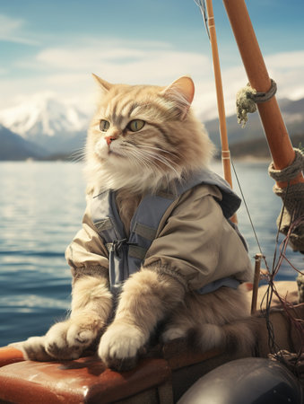 Sailor in a boat with a cat on the background of mountainsの素材