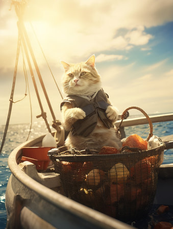 Cute cat sitting on a boat in the sea at sunset.の素材
