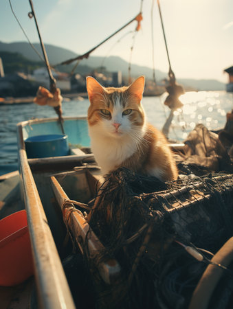 Cute cat in a fishing boat on the sea at sunset.の素材