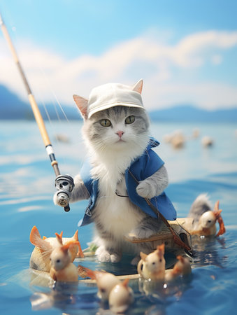 Cute cat with fishing rod and ducklings in water on sunny dayの素材
