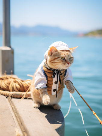 Cute cat wearing a sailor costume sitting on the pier with ropeの素材