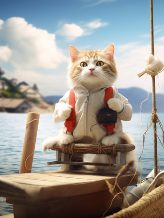 Cat sitting on a boat on the sea, travel and vacation conceptの素材