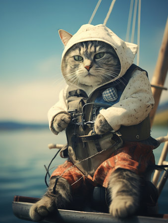 Cute cat in astronaut costume sitting on a sailboat at seaの素材