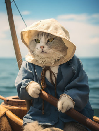 Cute cat in a hat on the boat on the sea backgroundの素材