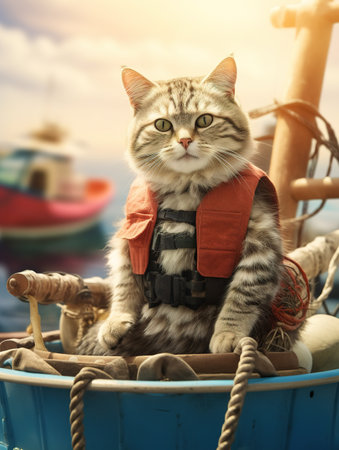 Beautiful cat sitting in a fishing boat on the sea background.の素材
