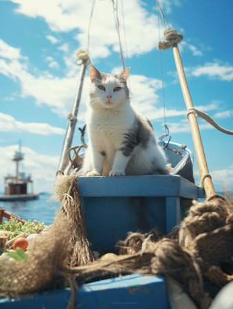 Cute cat sitting on a fishing boat, blue sky background.の素材