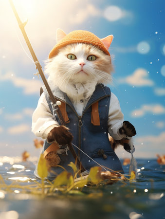 Fisherman with a cat on the background of the lake.の素材
