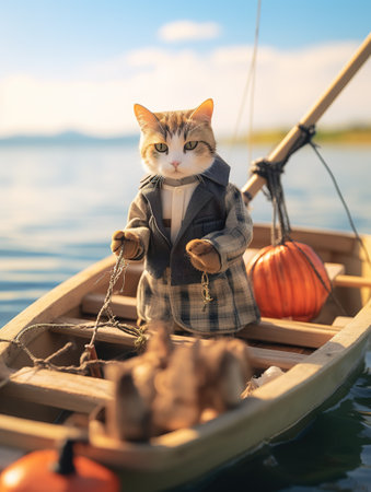 Cute cat wearing a bow tie sitting on a boat with pumpkinsの素材