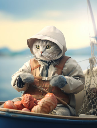 Fisherman with a cat on a boat on the background of the seaの素材