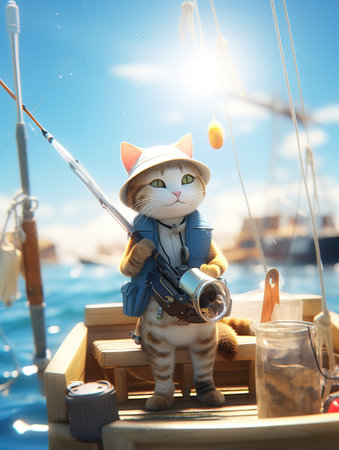 Cute cat with fishing rod on the deck of a sailing boatの素材