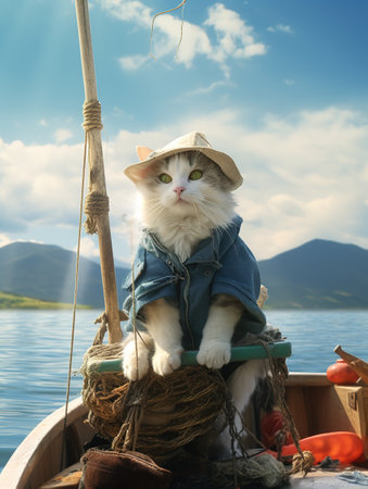 White cat wearing a hat sitting on a fishing boat on a lakeの素材