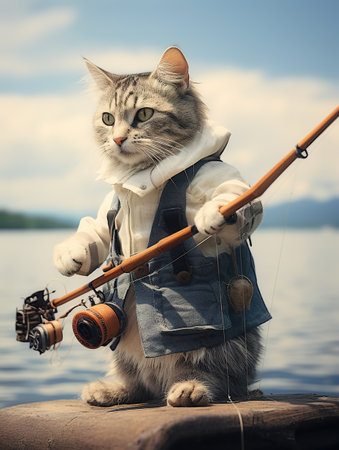 Fisherman with a cat on a fishing rod on the lakeの素材
