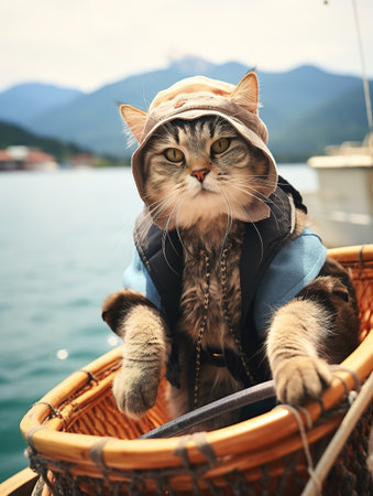 Cute cat sitting in basket on the pier. Summer vacation conceptの素材
