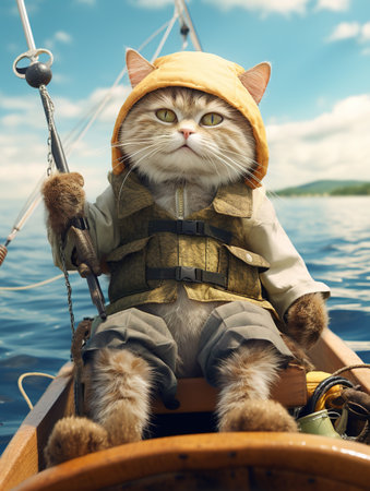 Fisherman in a boat with a cat on the background.の素材
