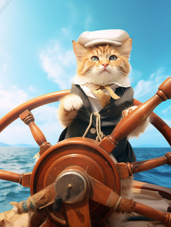 Cute red cat captain in a suit and tie on a ship steering wheel.の素材